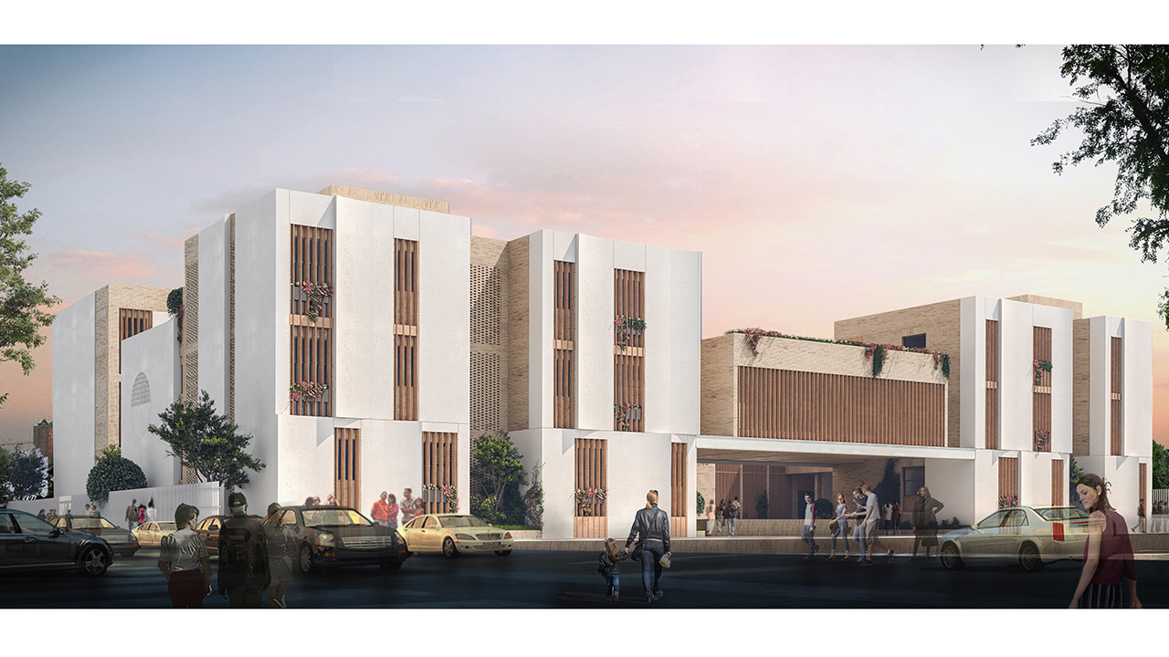 Post Production Render of Street View to Iranian School and Cultural Center in Muscat, Showing Vertical Louvers