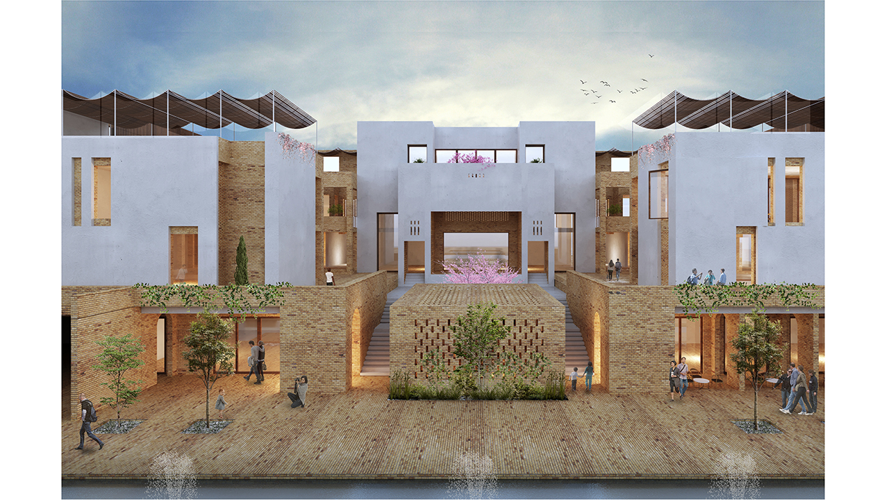 Render of Entrance to Residential Section of Iranian School and Cultural Center from main courtyard - Muscat, Oman