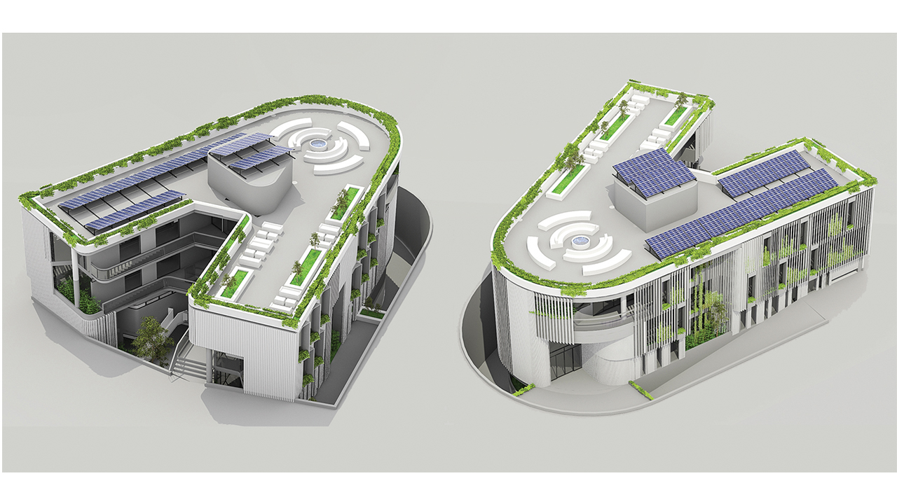 Bird view of Pertican Zero Energy Office Building with PV Panels on rooftop