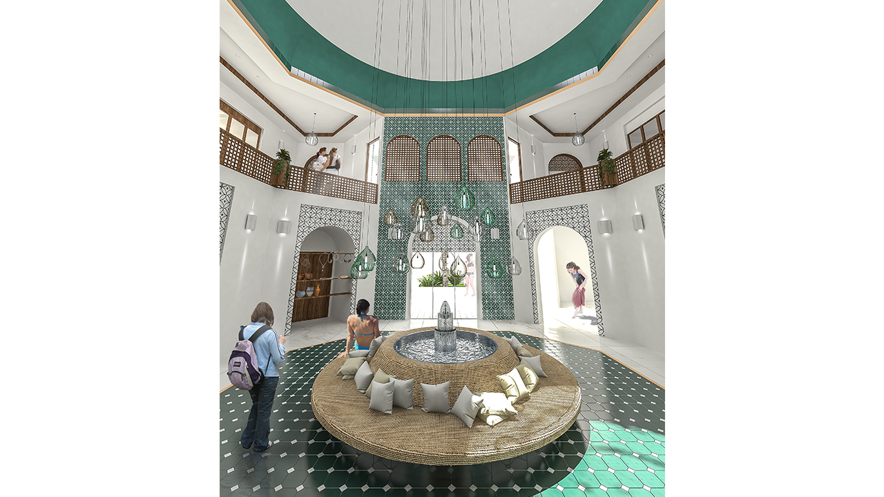 Oman Architecture Sawadi Resort Interior Design Lobby Arabic Style Hanging Lamps Teal Tiles Void Lobby
