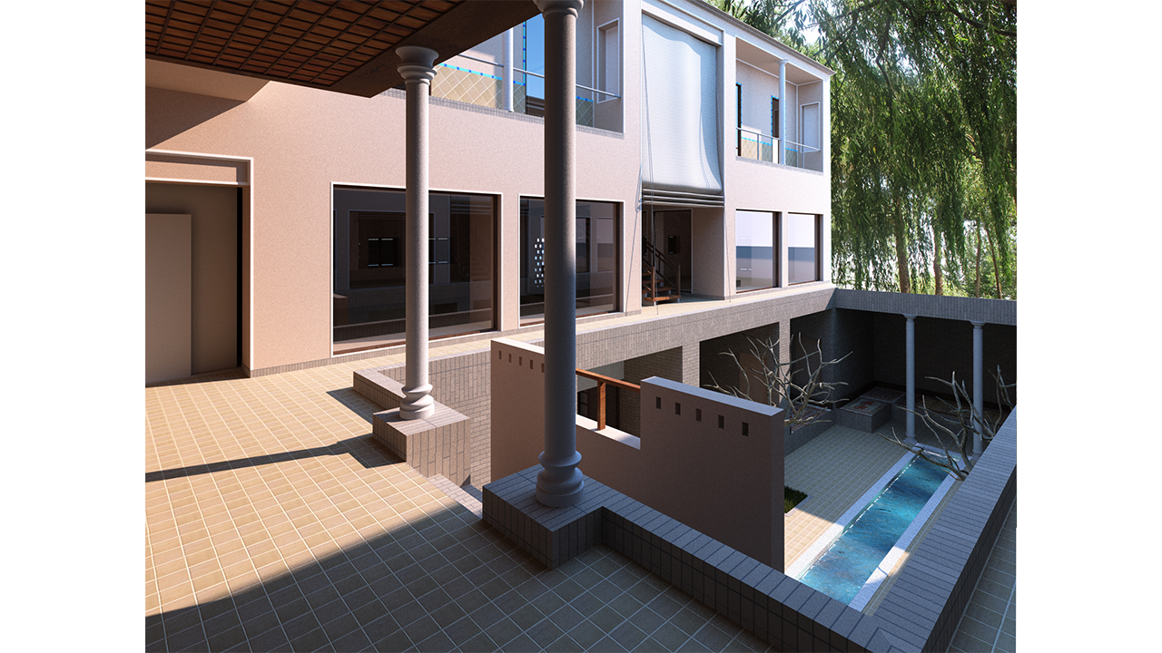 Architectural Render Renovation Historical Iranian Building with Central Sunken-Courtyard