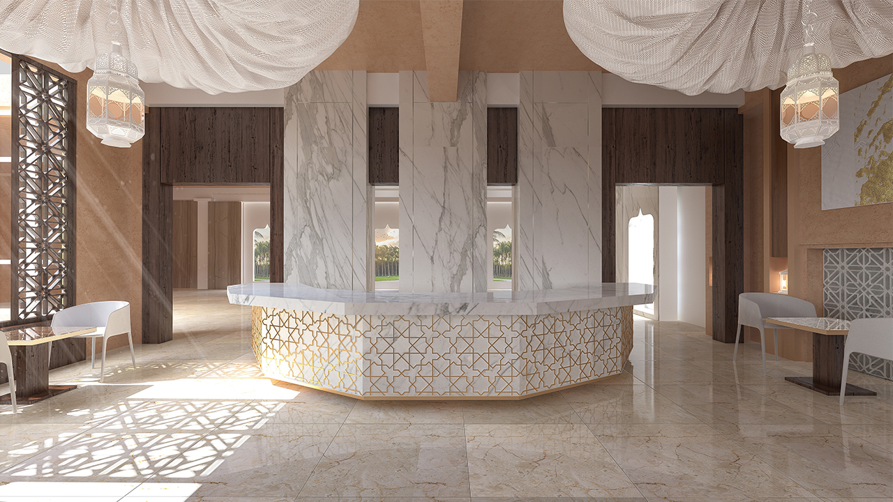 Oman Architecture Interior Design Office Arabic Style Hanging Fabric Reception Islamic Pattern Marble
