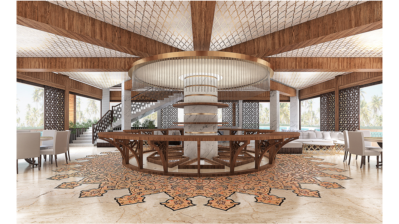 Oman Middle-east Sawadi Resort Interior Design Restaurant Buffet Arabic Style Circular Column Buffet Wooden Beam
