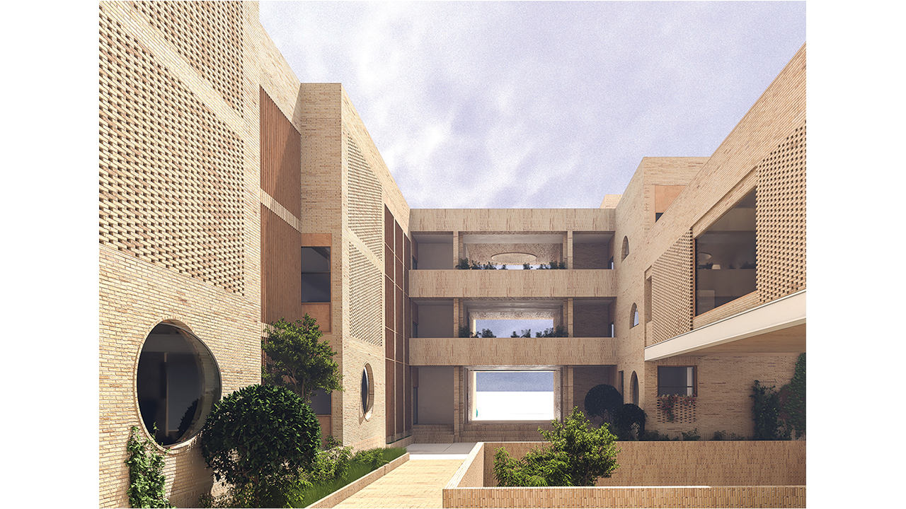 Render of Iranian School and Cultural Center School Brick Facade Central Courtyard