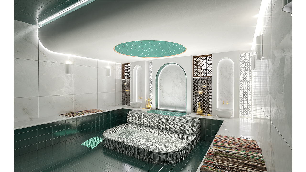 Sawadi Resort Interior Design Bath Bathroom Sauna Ceiling Star Light blue-green tile teal jacuzzi