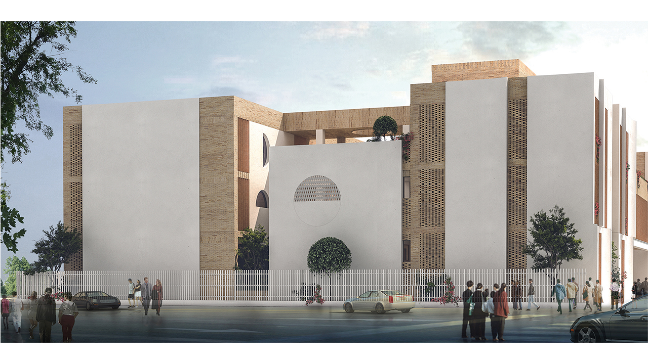 Street View Render of Iranian School and Cultural Center School Semi-Transparent Brick Walls