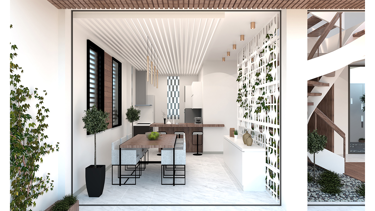 Oman Interior Design Modern Dining Room Semi Transparent Partition Hanging Lamps