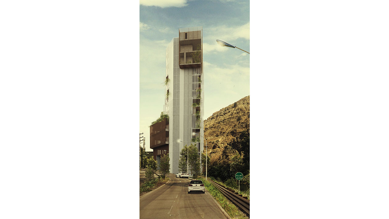 Street view from the main road render high-rise building facade design