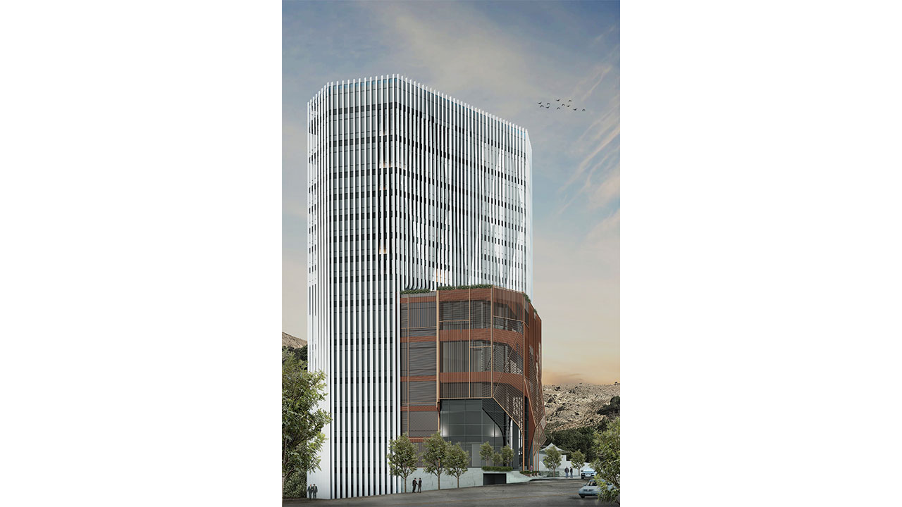 Street view render high-rise building facade design using vertical louvers