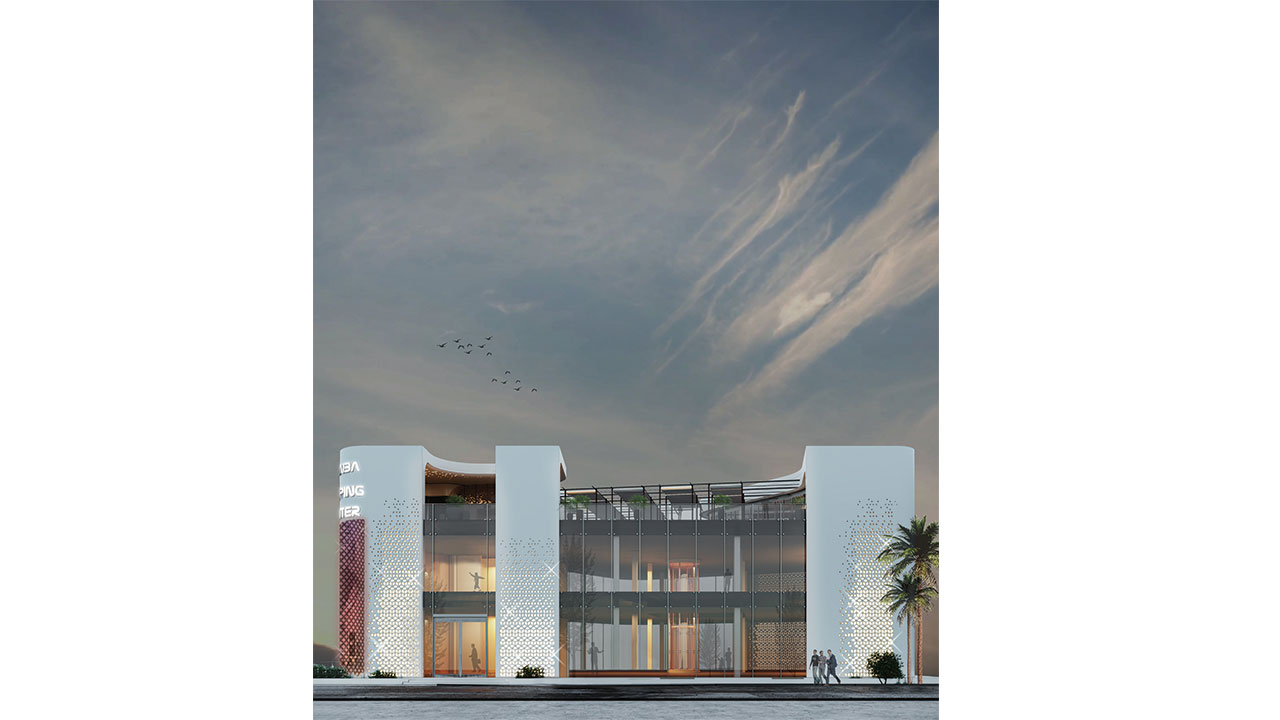 Street View Render of Azaiba Shopping Mall Semi transparent cube Facade in Muscat Oman