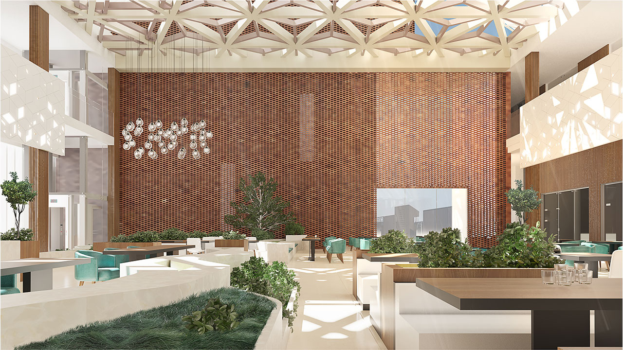 Duqm Office Building Complex Food Court Interior Design Tall Brick Pattern Wall