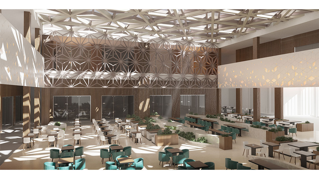 Duqm Office Building Interior Design Complex Food Court Custom Skylight Panels with geometric patterns