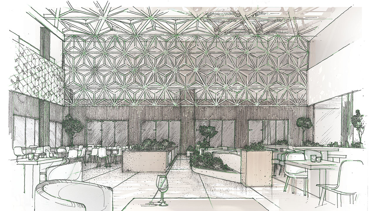 Architectural Drawing of Food court Interior Design sketch with geometric patterns