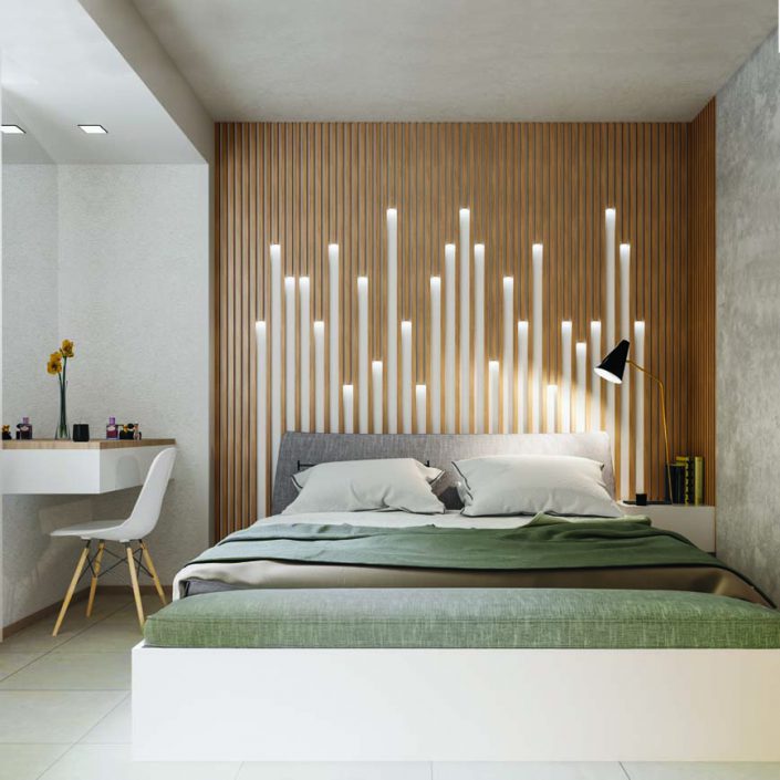 Master Bedroom Interior Design of Apartment No.149 with Vertical Wooden Slats integrated Lighting