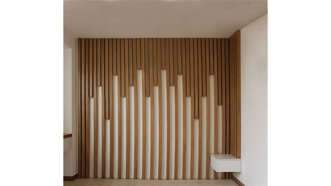Constructed Master Bedroom Interior Design of Apartment No.149 with Random Vertical Wooden Slats