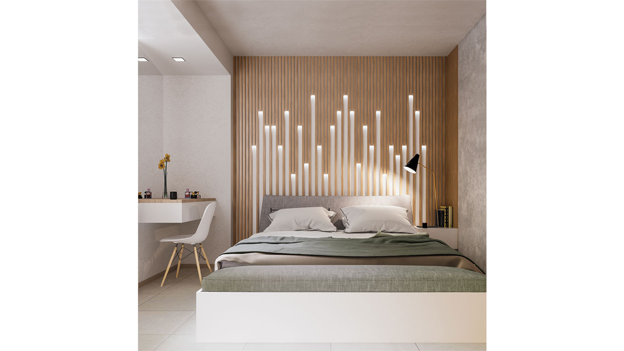 Render of Master Bedroom Interior Design of Apartment No.149 with Vertical Wooden Slats integrated Lighting