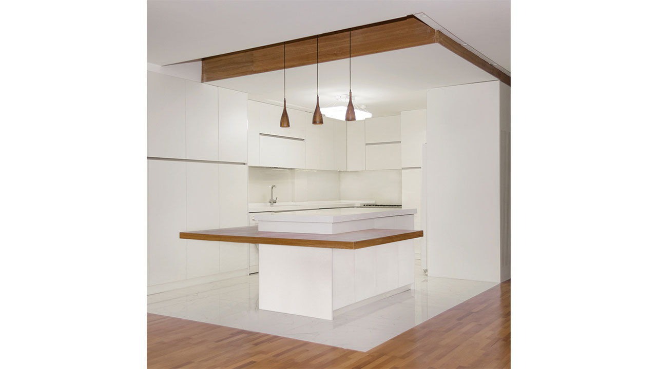 Constructed minimal Kitchen design for Apartment No.149 white theme and wooden countertop wooden hanging lamps