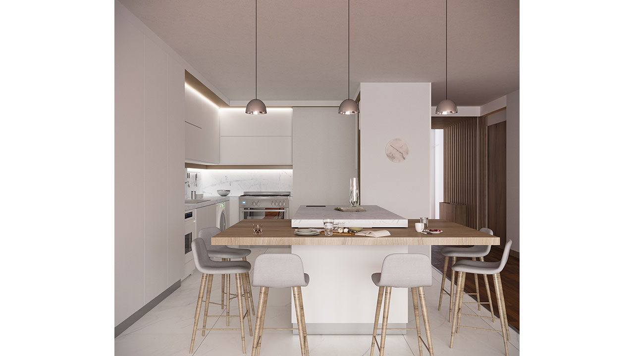 Render of minimal Kitchen design for Apartment No.149 white theme and wooden countertop with hanging lamps on top