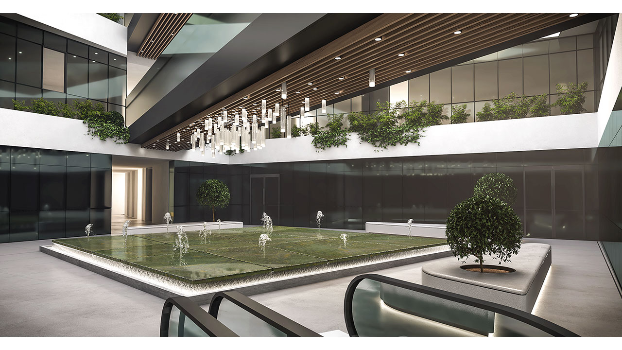 3D Render of iTower Oman Central Green Void Interior Design Water Fountain