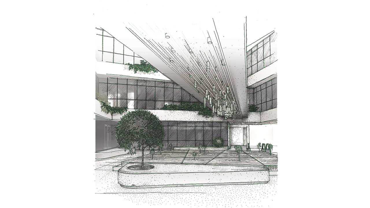 Architectural Hand Drawing of iTower Office Building Central Void Sketch with dot textures