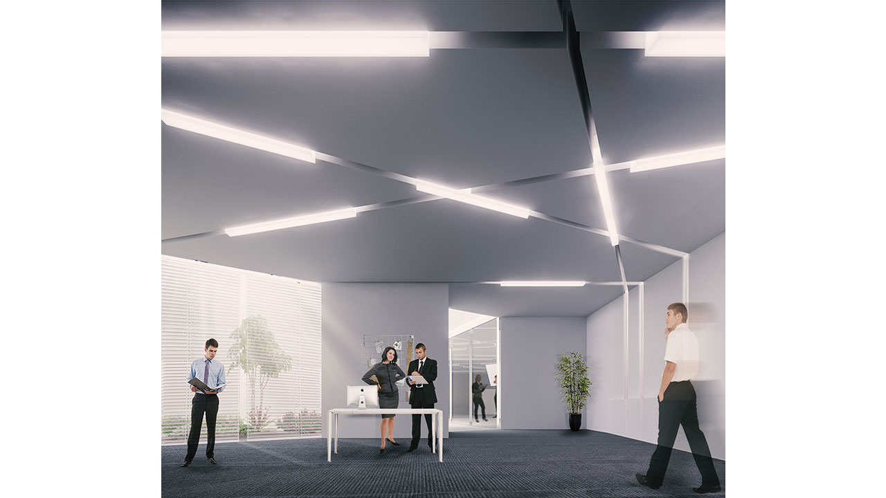 Render of iTower Office Interior Design Recessed Lighting Diagonal Shapes
