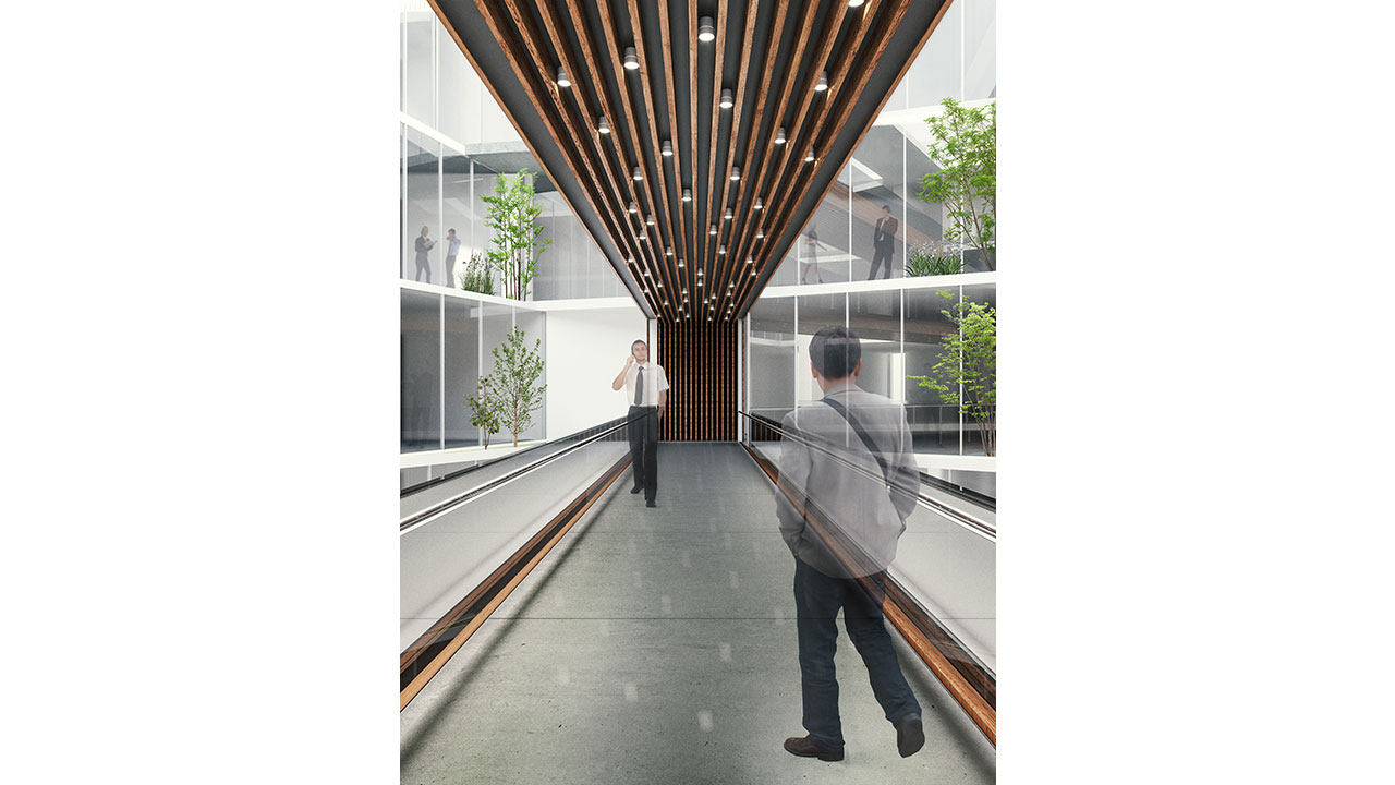 iTower Building Central Void Interior Design Internal Bridge Wooden Louvers Ceiling Middle-east