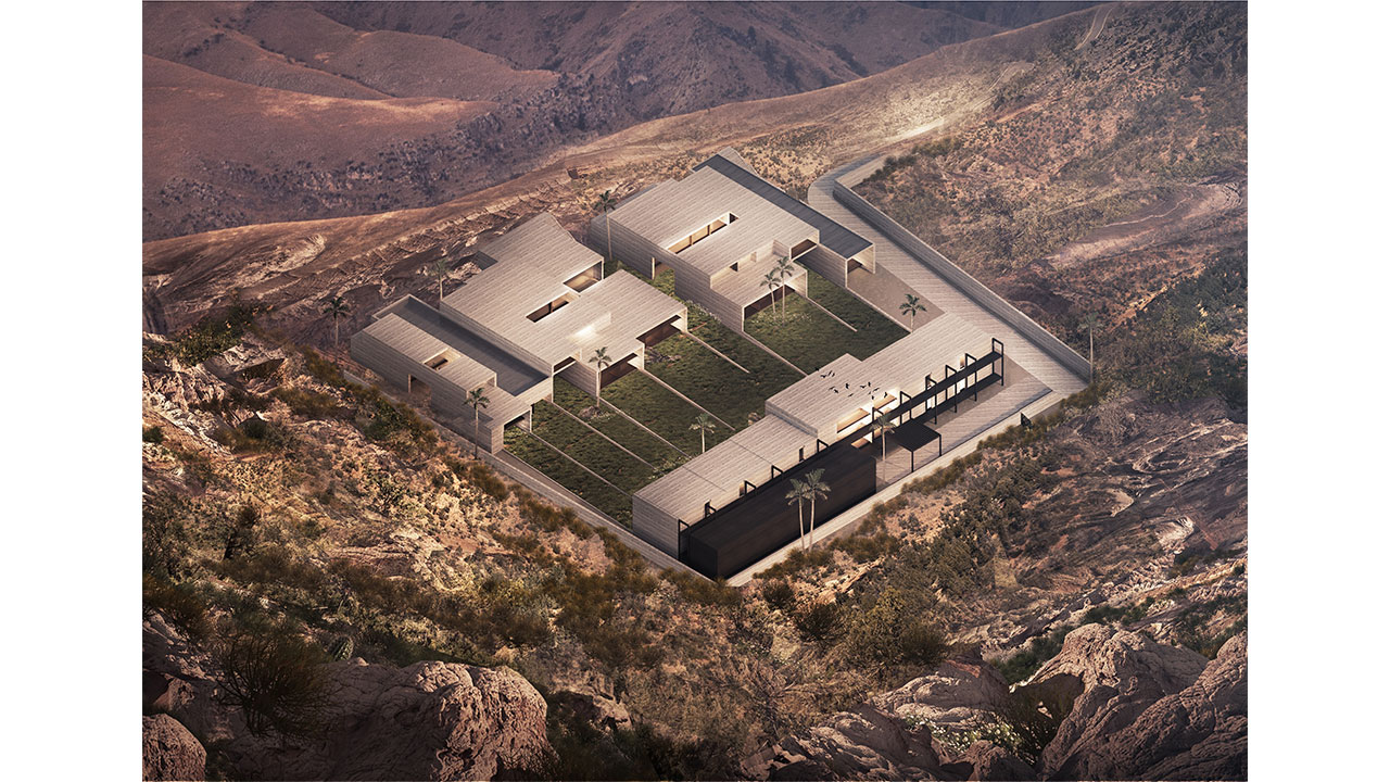 Jebel Al Akhdar Resort Building Placed on a Hill Cliff Modern Architecture Design in Oman - Iso Render