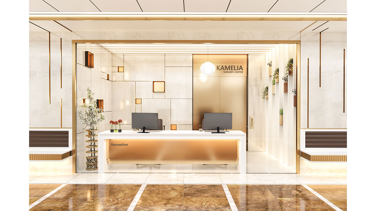 Kamelia Surgery Center Reception render golden lines and materials - Healthcare in Isfahan