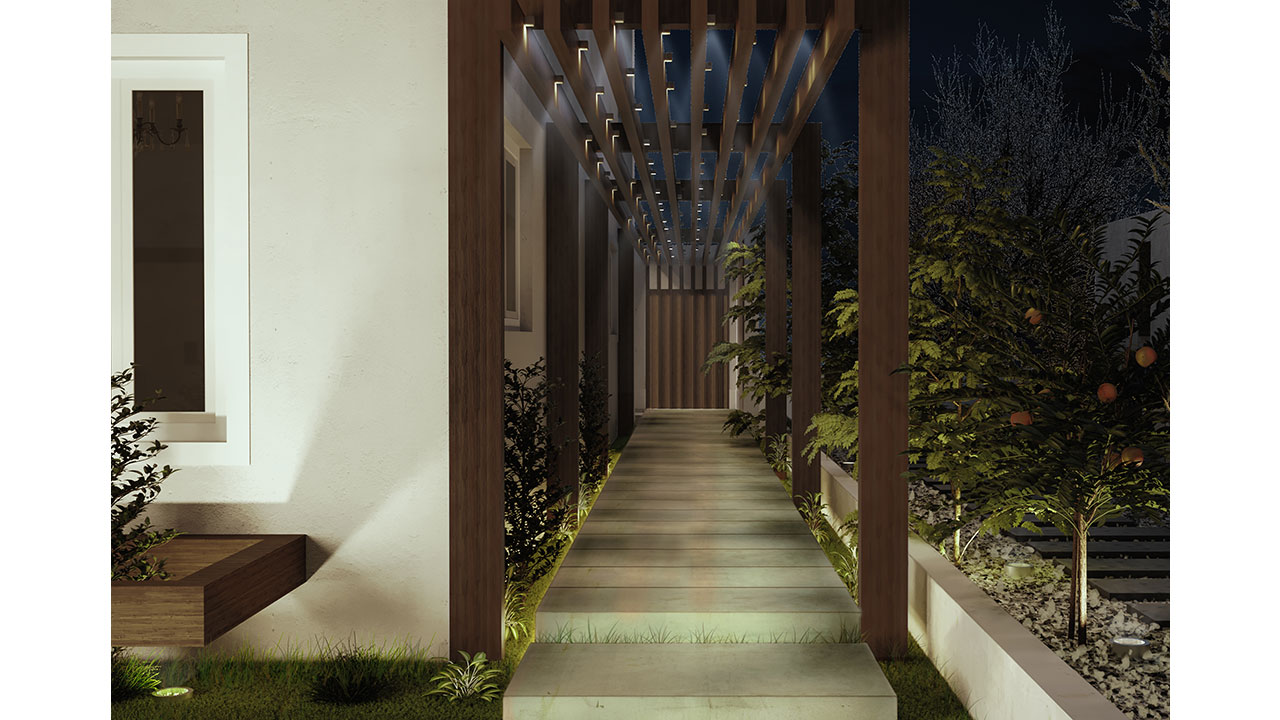 Kiumy Landscape design A stone passage with lumbers above which shade the passage and provide lighting