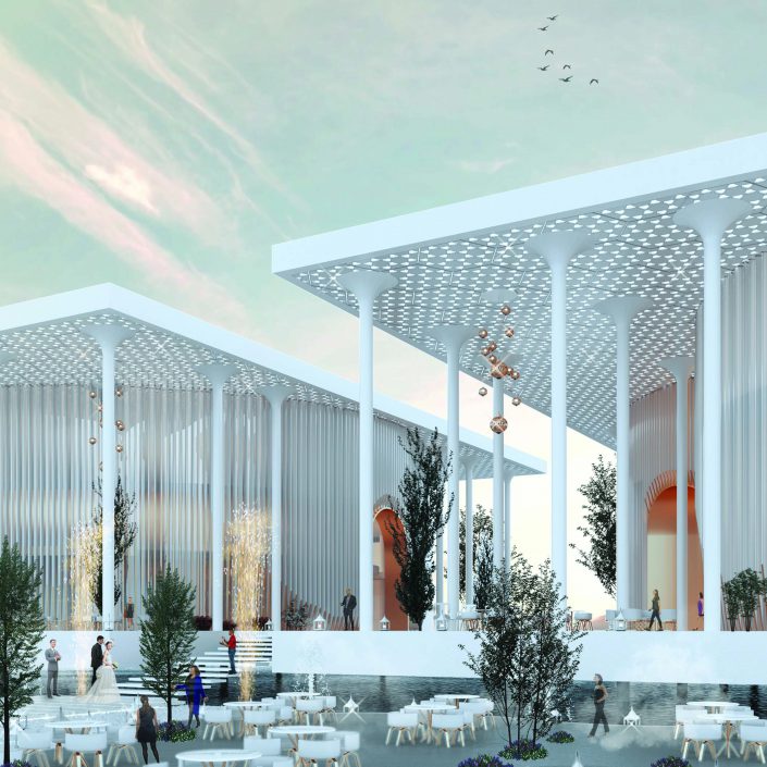 3D Render of Seeb Wedding Center view to outdoor seats in front garden White Modern Minimalist Design