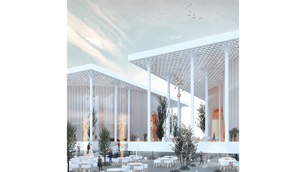 3D Render of Seeb Wedding Center view to outdoor seats in front garden White Modern Minimalist Design
