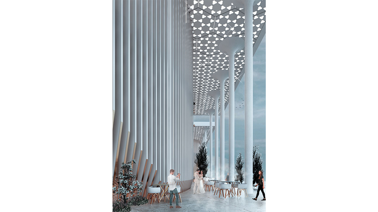 3D Render of Seeb Wedding Center Porch Tall White Columns and Louvers Luxury Design Modern Arabic Style Ceiling Lights