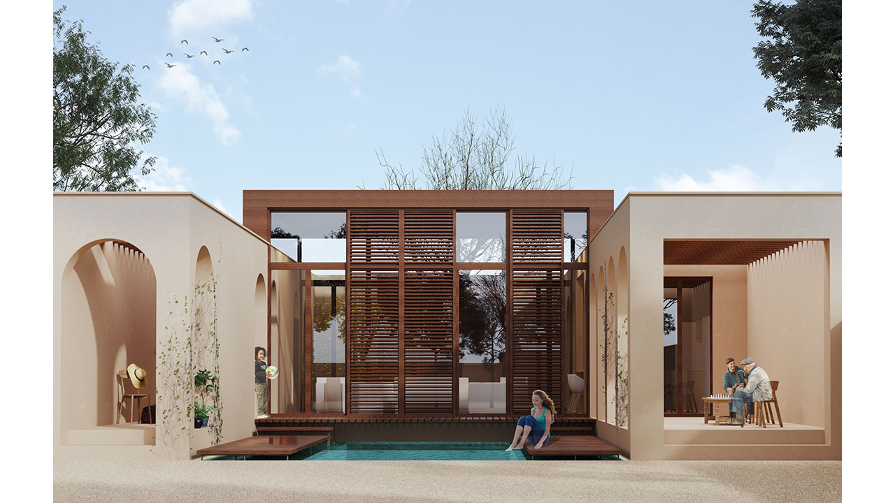 Render of Recreational Villa in Ziar, Isfahan view to Wooden front porch around the pool