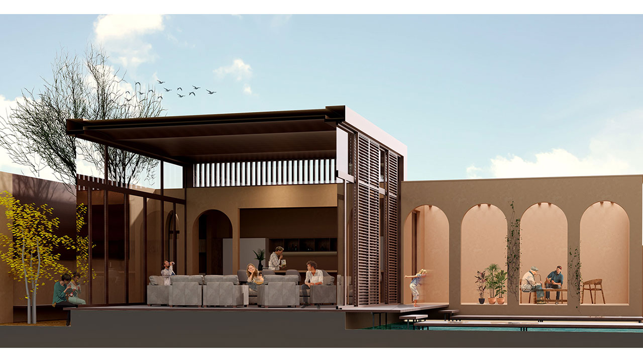 Section Render of Recreational Villa in Ziar, Isfahan - living room & front porch & pool connected by wooden sliding doors